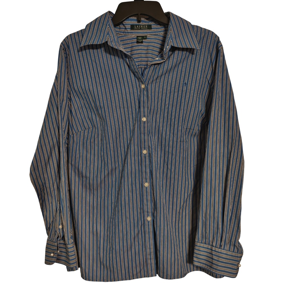 Lauren Ralph Lauren Blue Striped Cotton Button Down Shirt Womens 1X LRL Logo